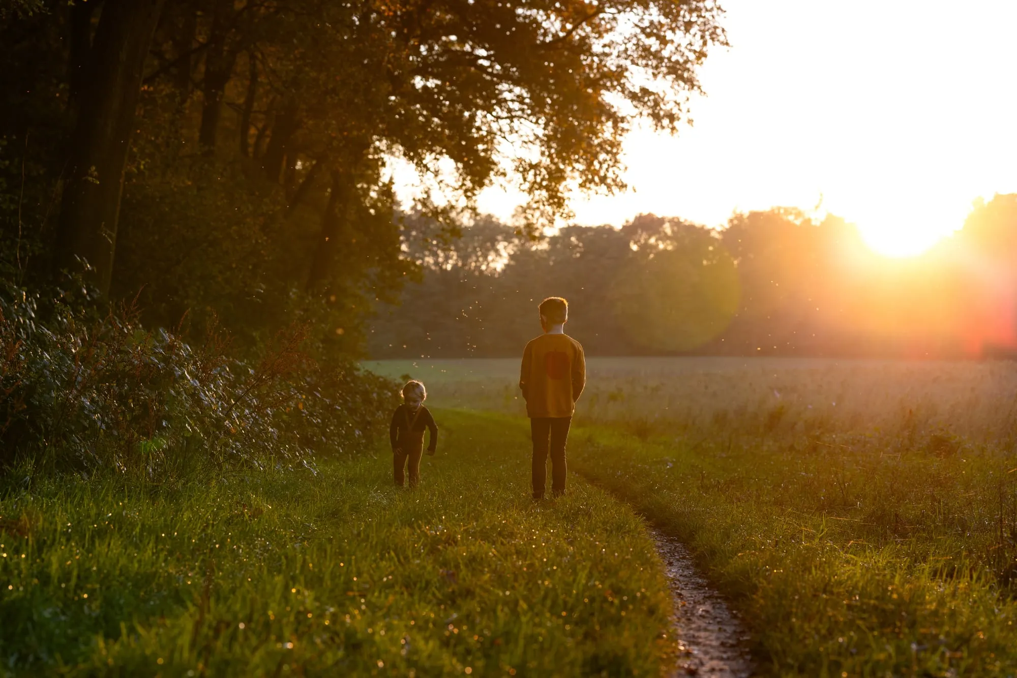 Twee kinderen wandelen langs een veld in het warme licht van de ondergaande zon