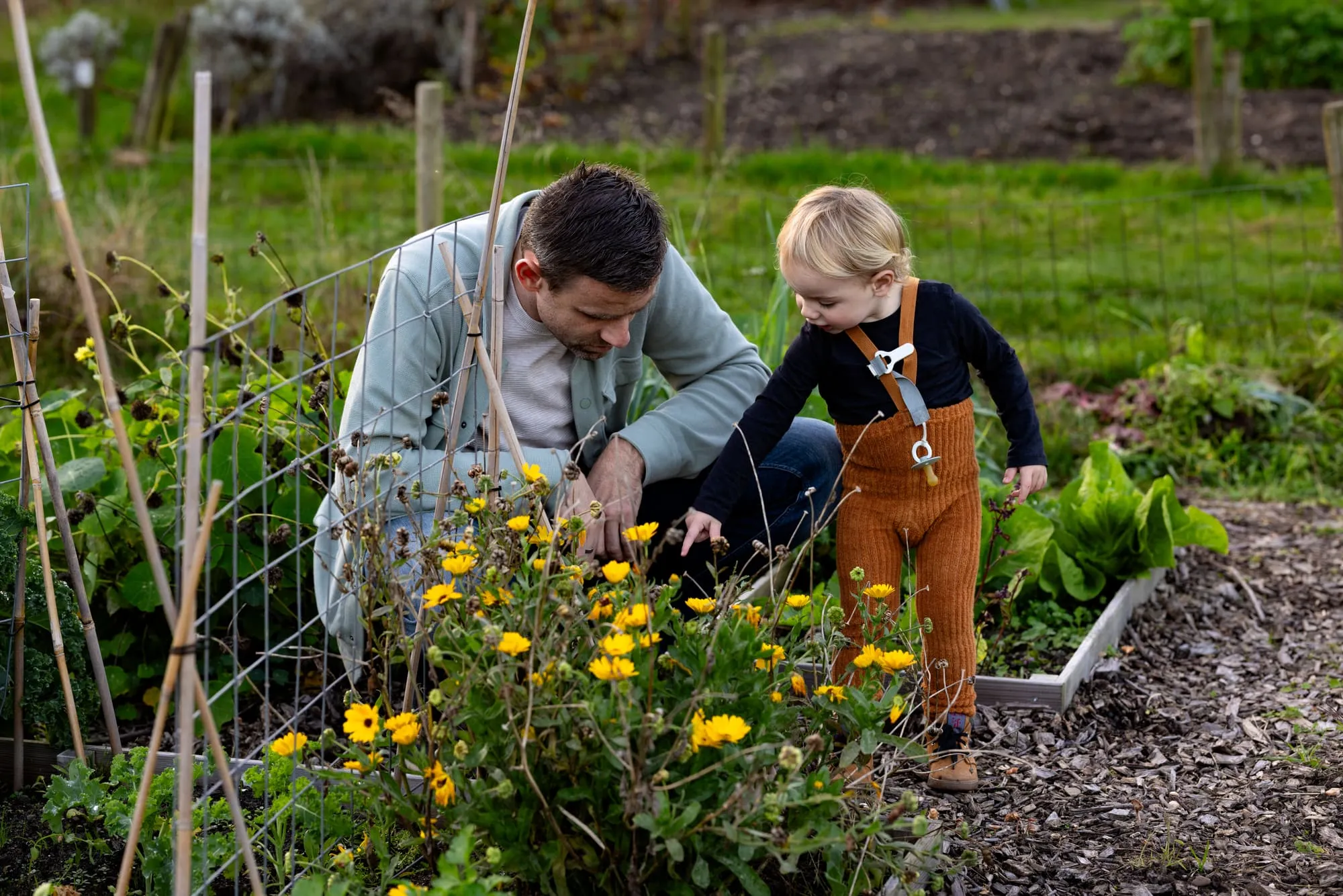 Vader en dochter bekijken samen de bloemen in de moestuin