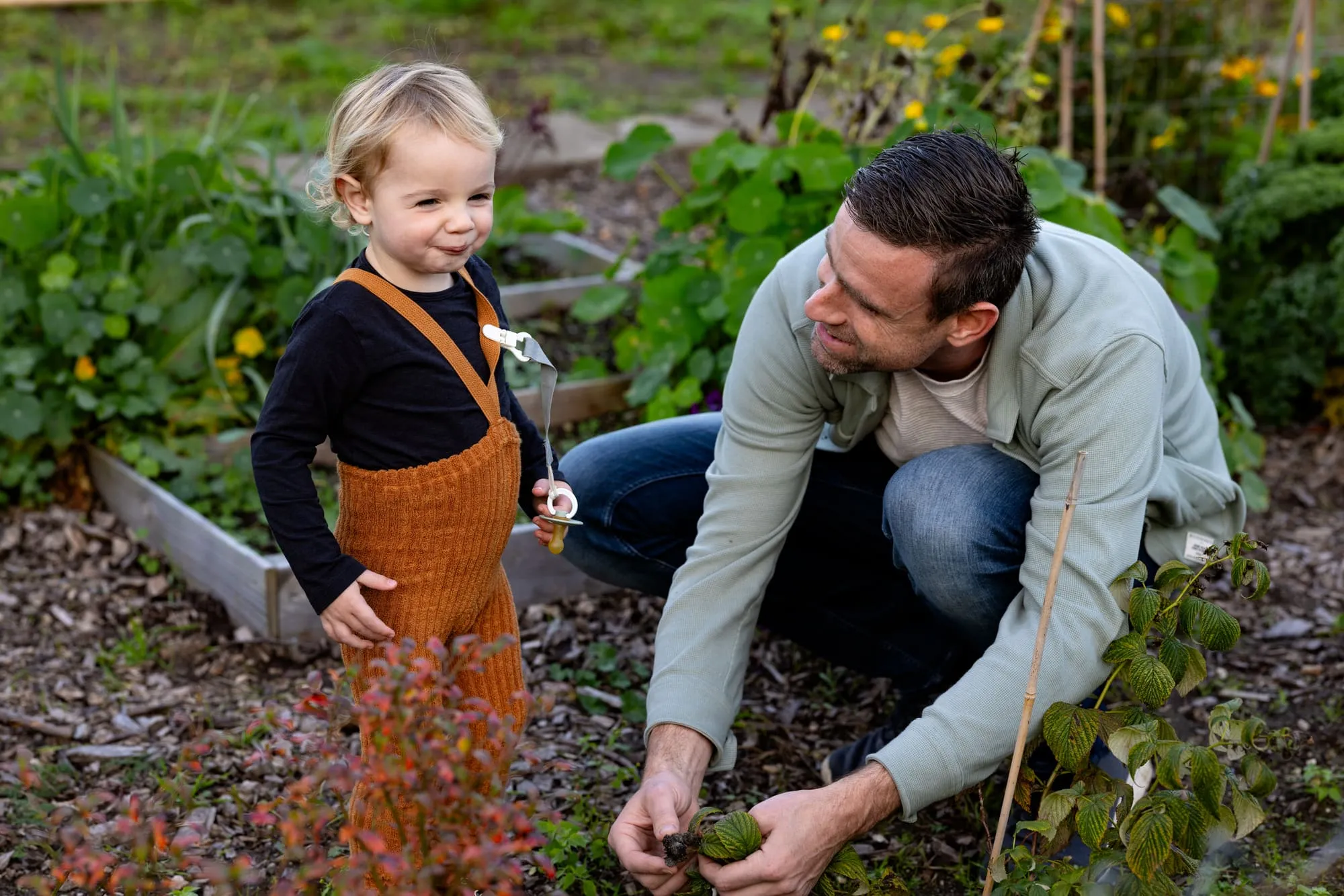 Vader kijkt lachend naar zijn dochter bij een moestuinbak